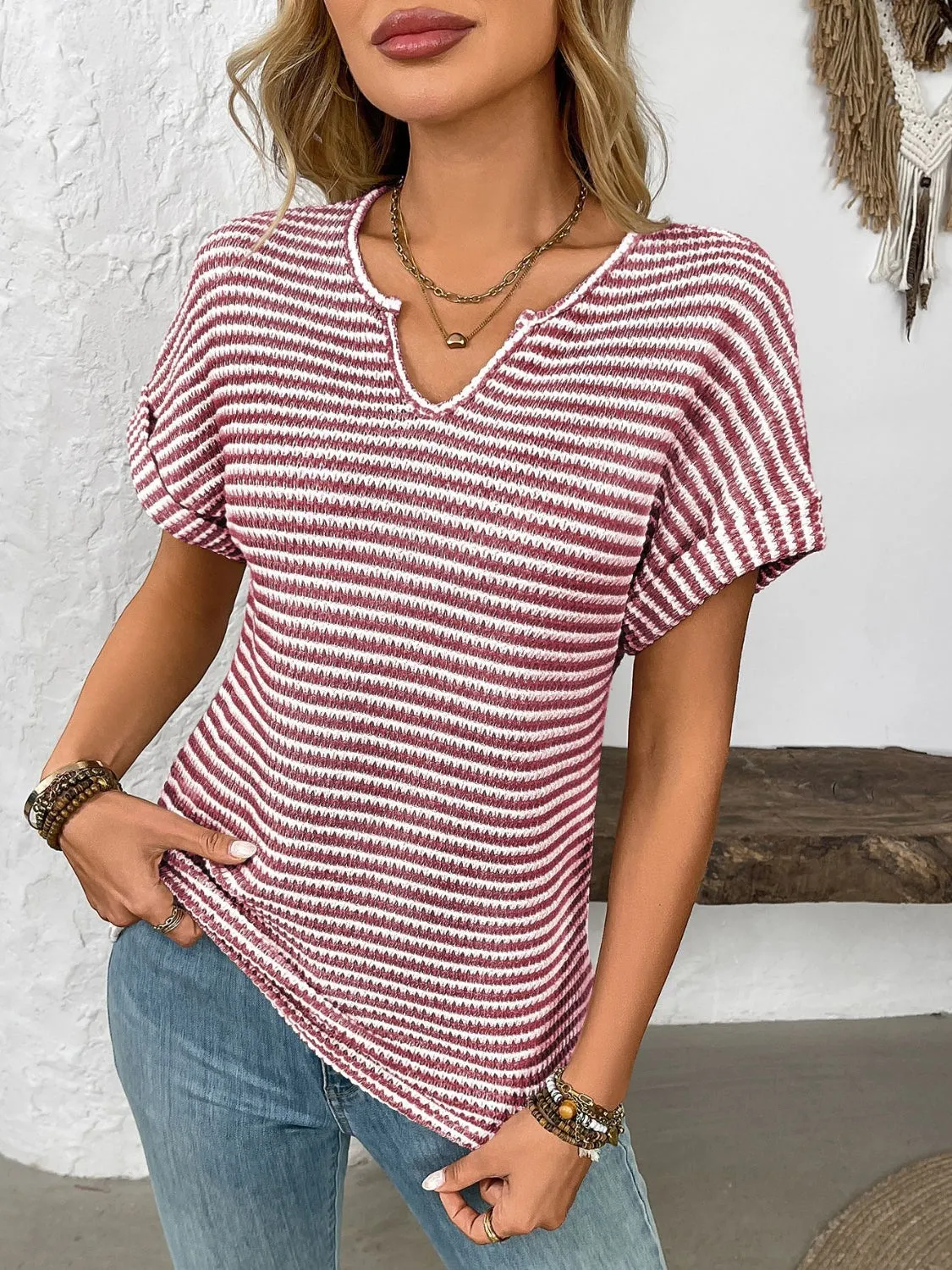 Striped Notched Short Sleeve T-Shirt sold by Charming Charlie