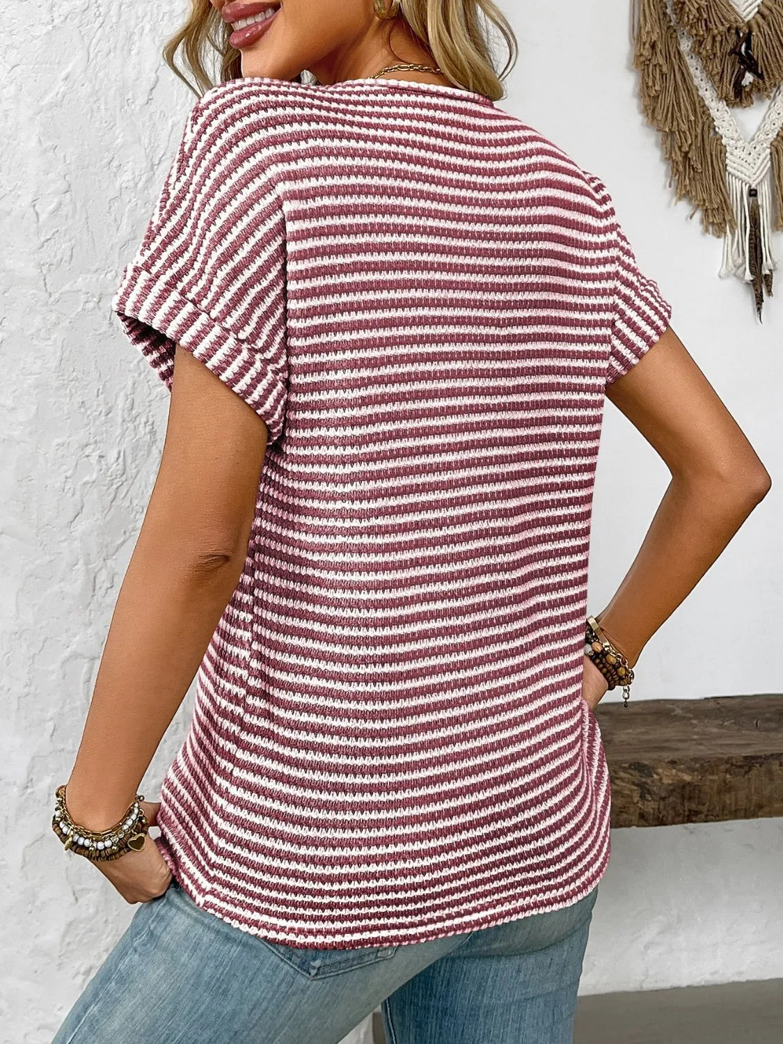 Striped Notched Short Sleeve T-Shirt sold by Charming Charlie product image thumbnail 5