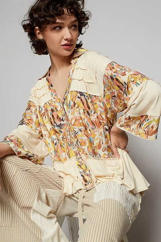 POL Frill Floral Johnny Collar Shirring Raglan Sleeve Shirt sold by Charming Charlie