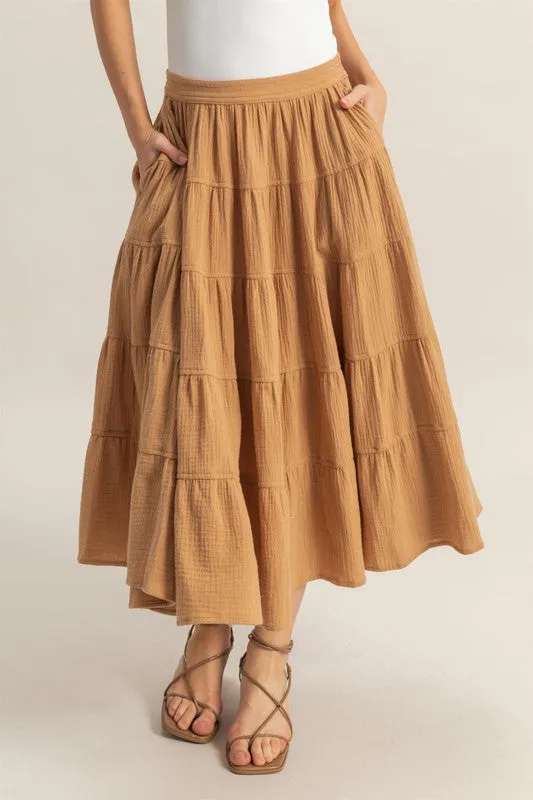 HYFVE Double Gauze Tiered Midi Skirt with Pockets sold by Charming Charlie