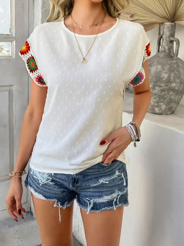 Devine Swiss Dot Round Neck Crochet Short Sleeve Top sold by Charming Charlie