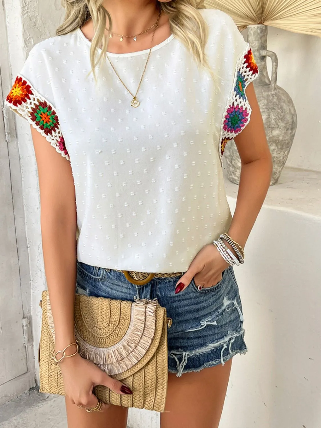 Devine Swiss Dot Round Neck Crochet Short Sleeve Top sold by Charming Charlie product image thumbnail 2