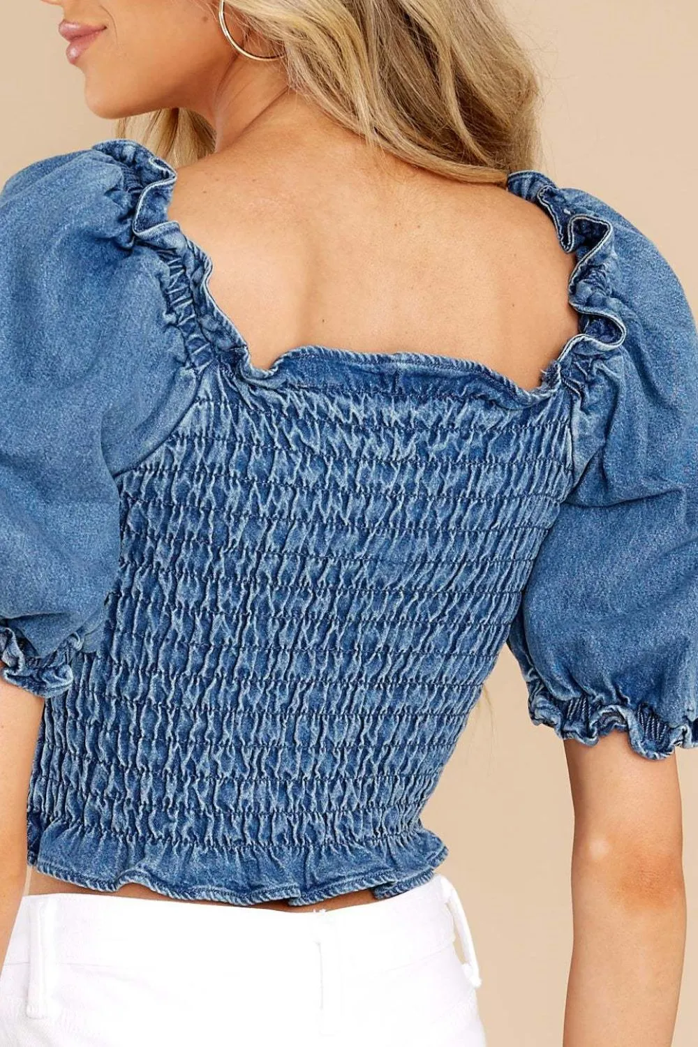 Puff Sleeve Smocked Cropped Denim Top sold by Charming Charlie product image thumbnail 3