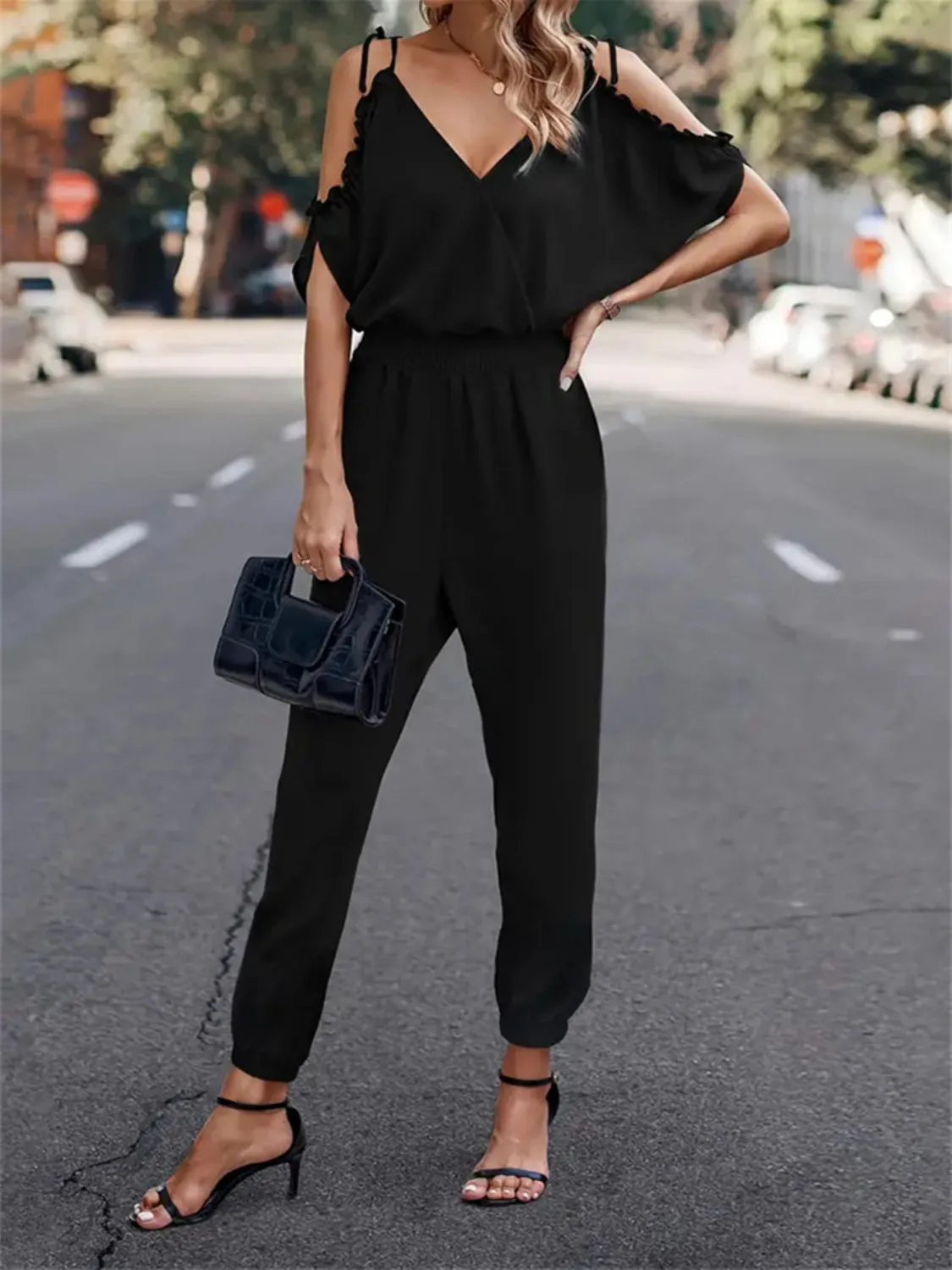 Surplice Tied Spaghetti Strap Jumpsuit sold by Charming Charlie product image thumbnail 2