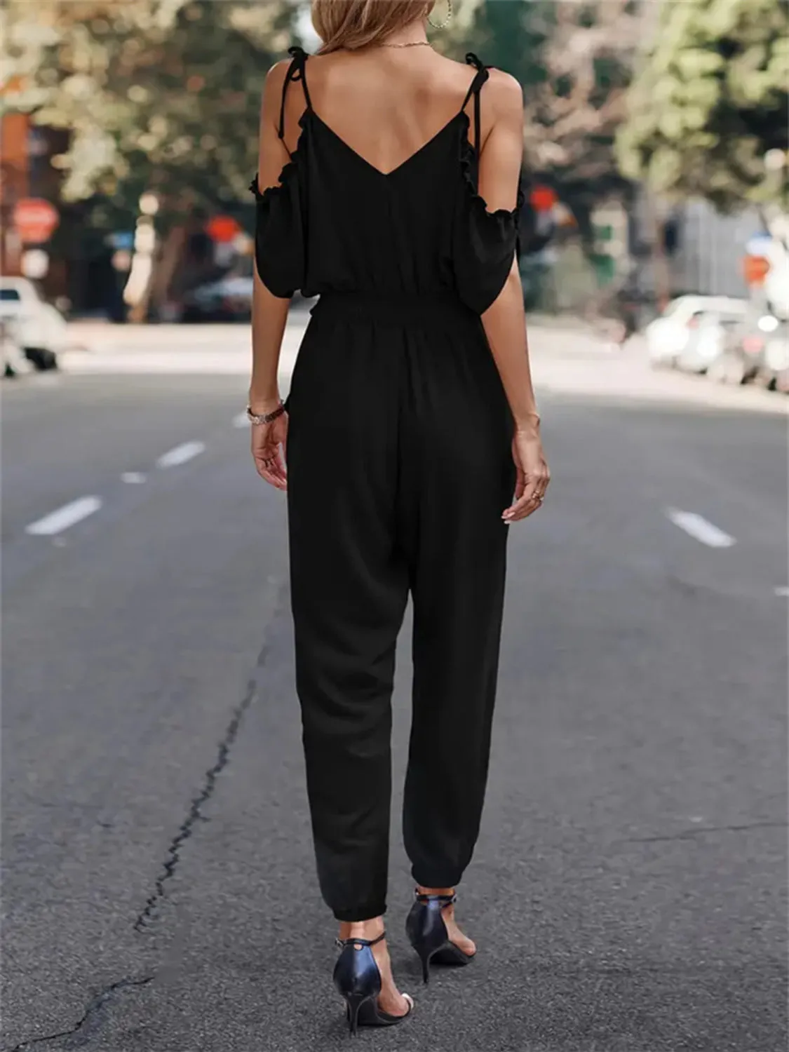 Surplice Tied Spaghetti Strap Jumpsuit sold by Charming Charlie product image thumbnail 3