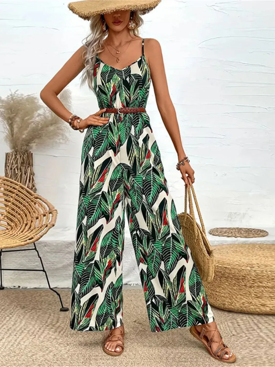 Tropical Print Spaghetti Strap Wide Leg Jumpsuit sold by Charming Charlie product image thumbnail 3
