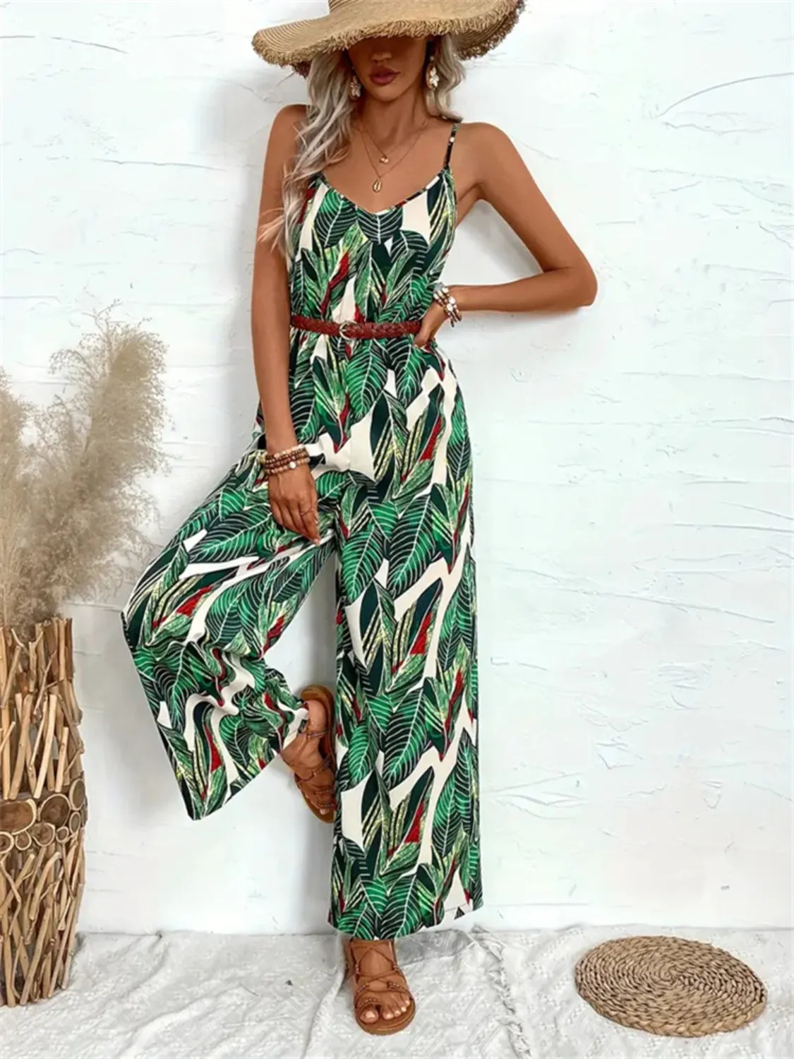 Tropical Print Spaghetti Strap Wide Leg Jumpsuit sold by Charming Charlie product image thumbnail 5