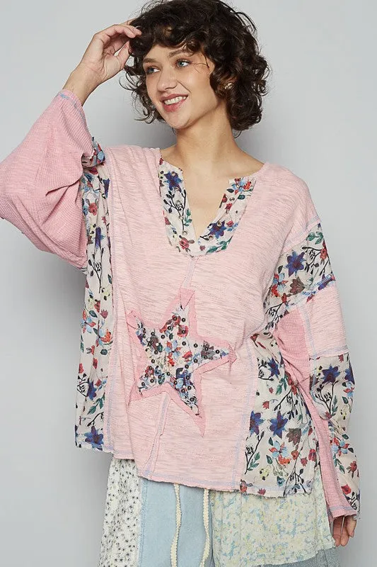 POL Floral Stud Detail Star Patch Notched Long Sleeve T-Shirt sold by Charming Charlie