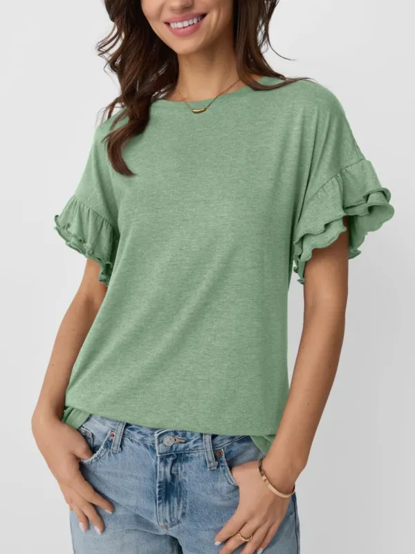 Ruffled Round Neck Short Sleeve T-Shirt sold by Charming Charlie