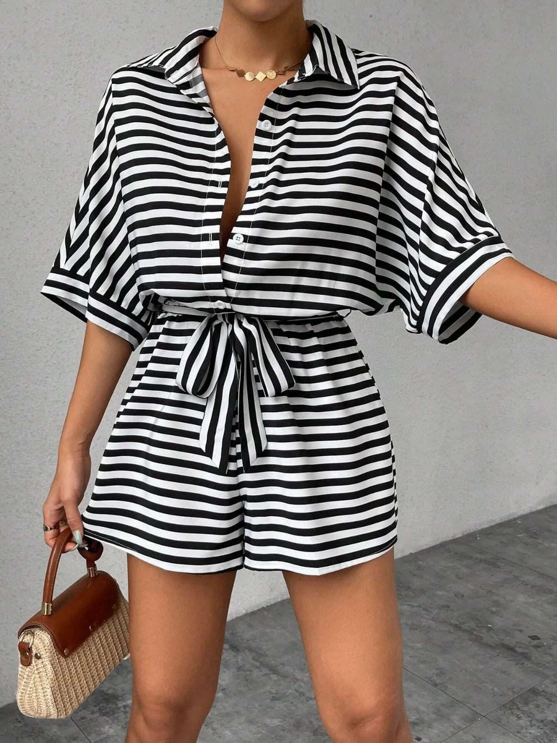 Tie Waist Half Button Striped Romper sold by Charming Charlie product image thumbnail 4