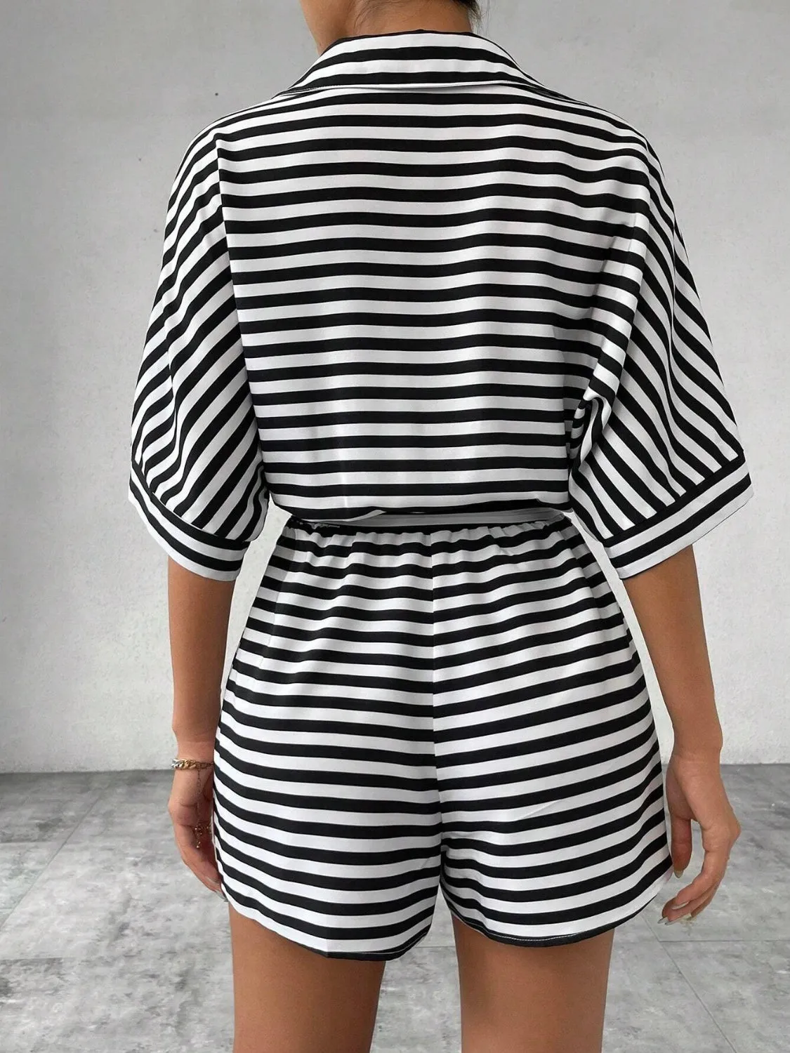 Tie Waist Half Button Striped Romper sold by Charming Charlie product image thumbnail 5
