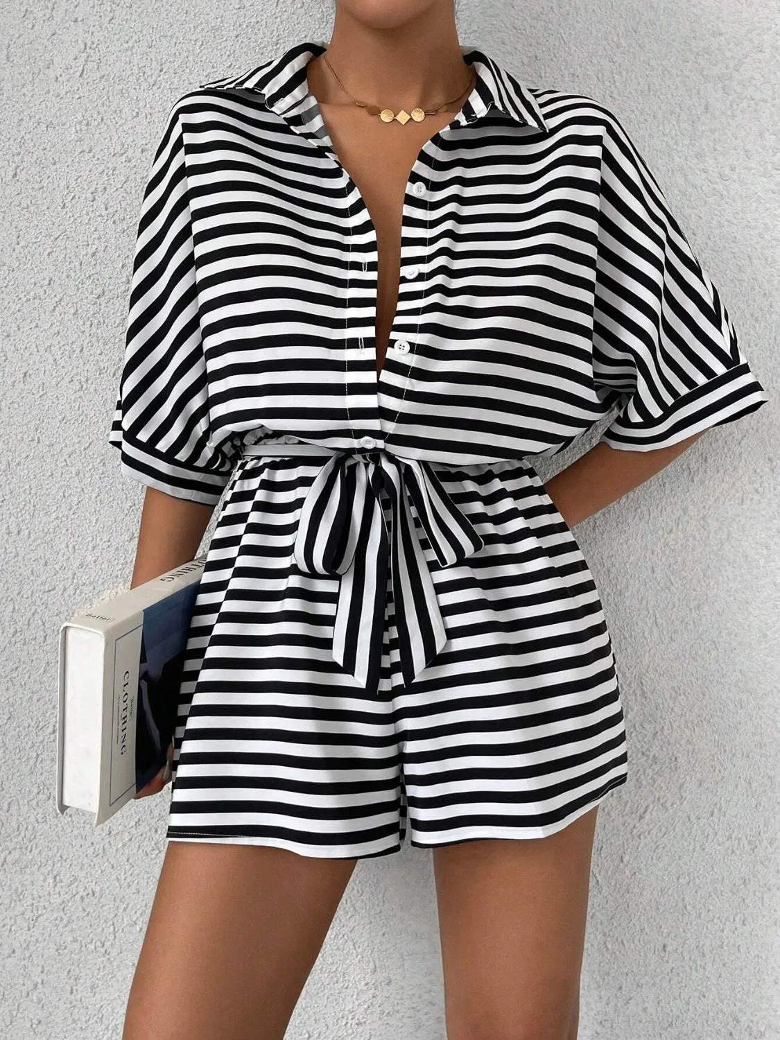Tie Waist Half Button Striped Romper sold by Charming Charlie