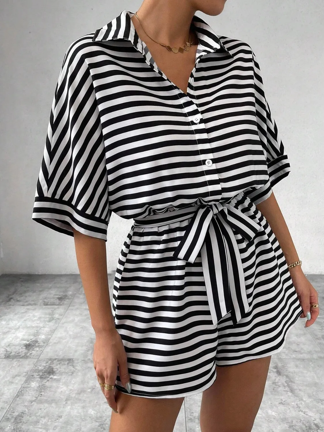 Tie Waist Half Button Striped Romper sold by Charming Charlie product image thumbnail 3