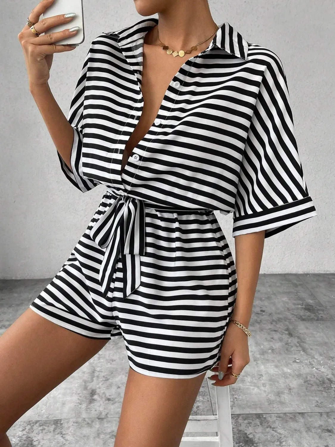 Tie Waist Half Button Striped Romper sold by Charming Charlie product image thumbnail 2