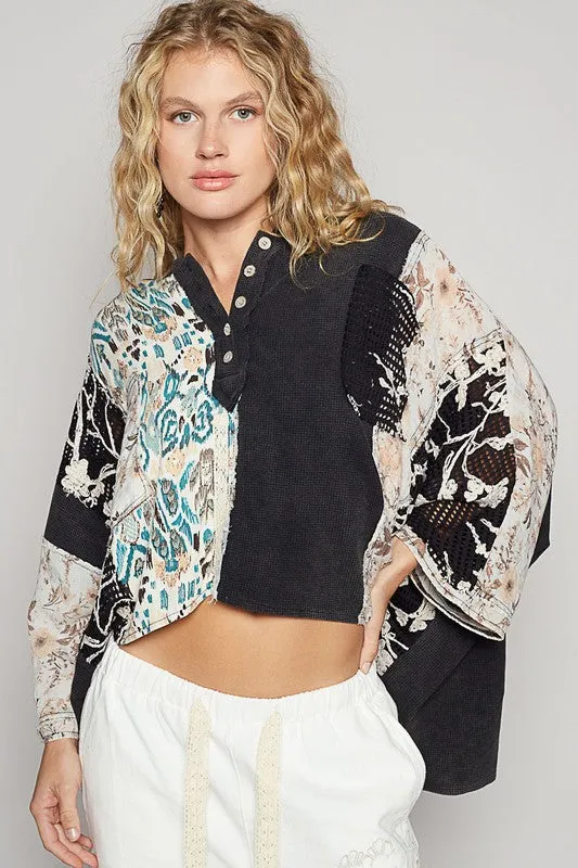 POL Crochet Patch Lace Detail Button Detail Floral Hooded Top sold by Charming Charlie