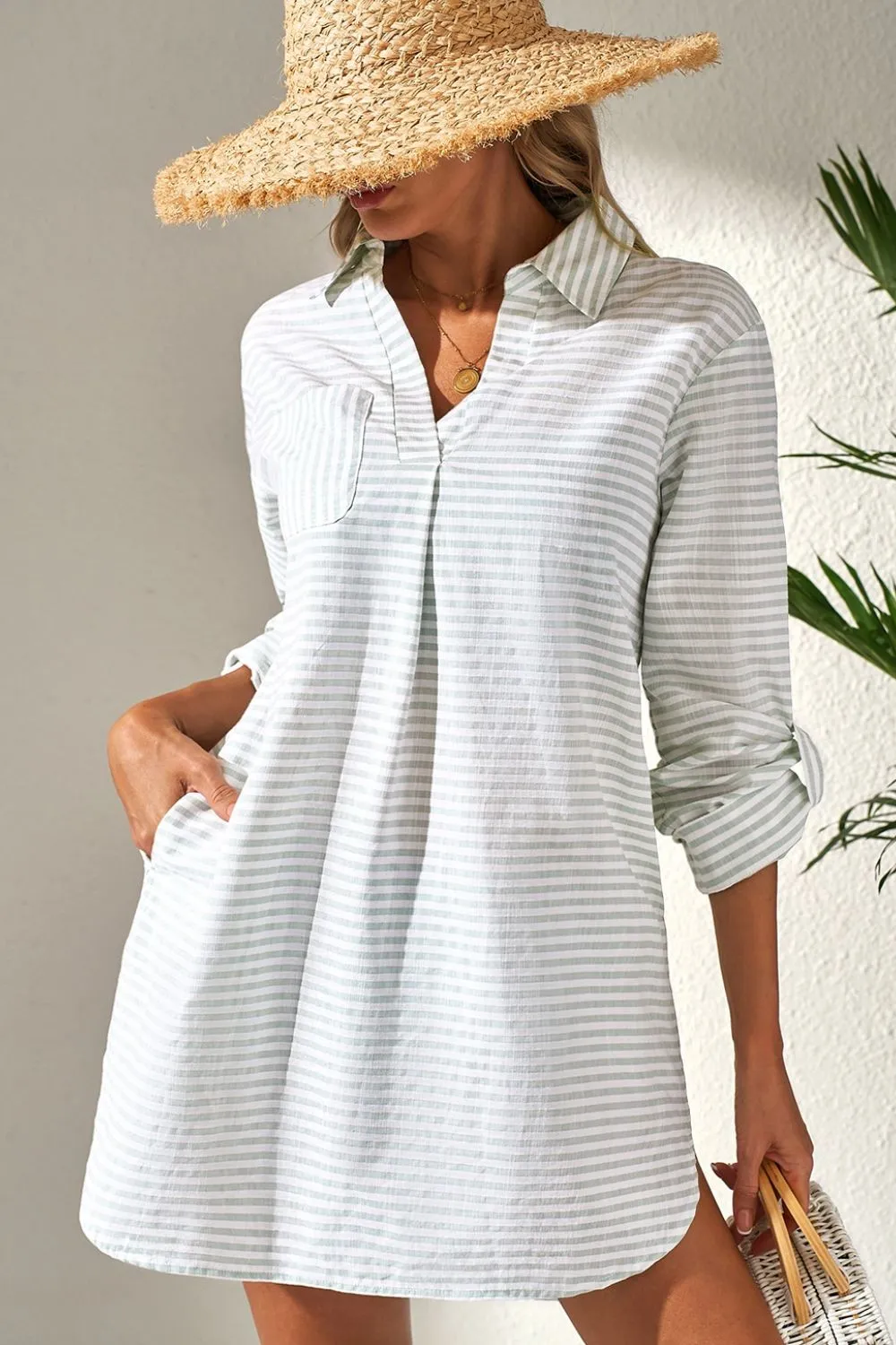 Striped Johnny Collar Long Sleeve Mini Shirt Dress sold by Charming Charlie
