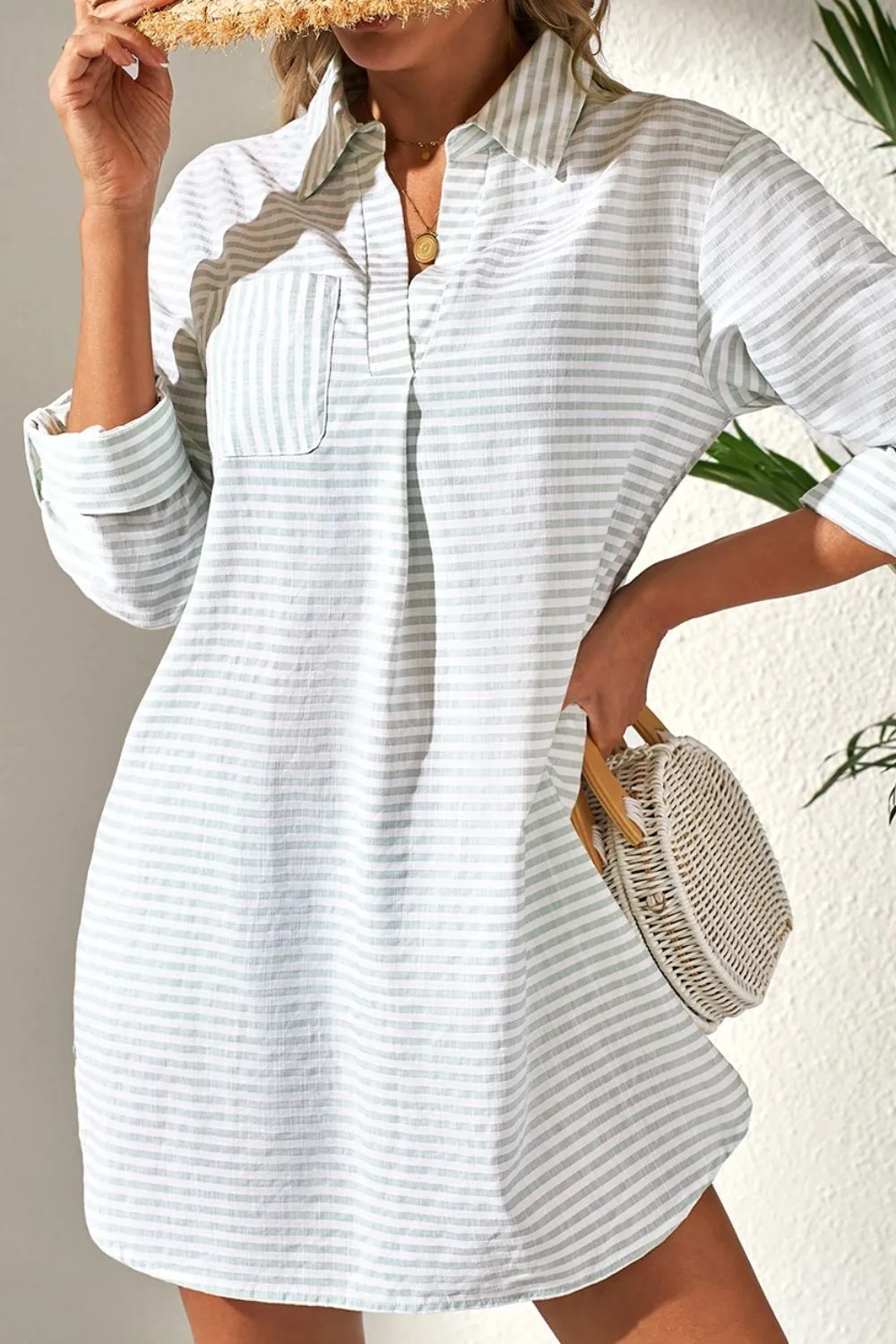 Striped Johnny Collar Long Sleeve Mini Shirt Dress sold by Charming Charlie product image thumbnail 3