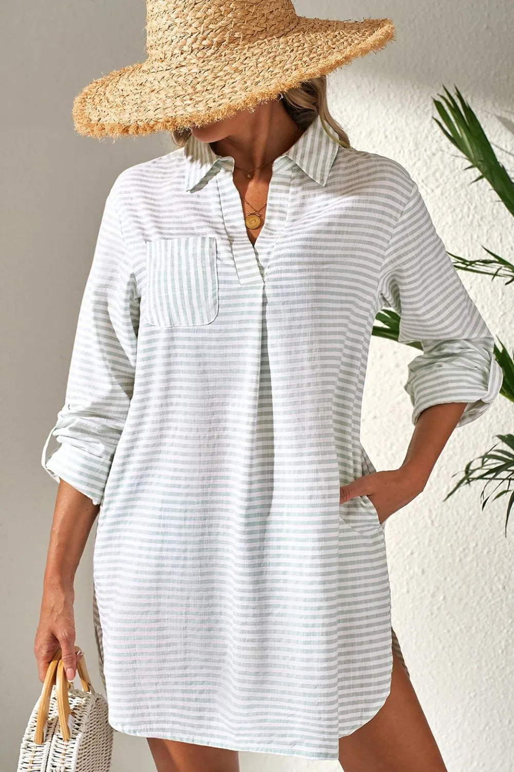 Striped Johnny Collar Long Sleeve Mini Shirt Dress sold by Charming Charlie product image thumbnail 5