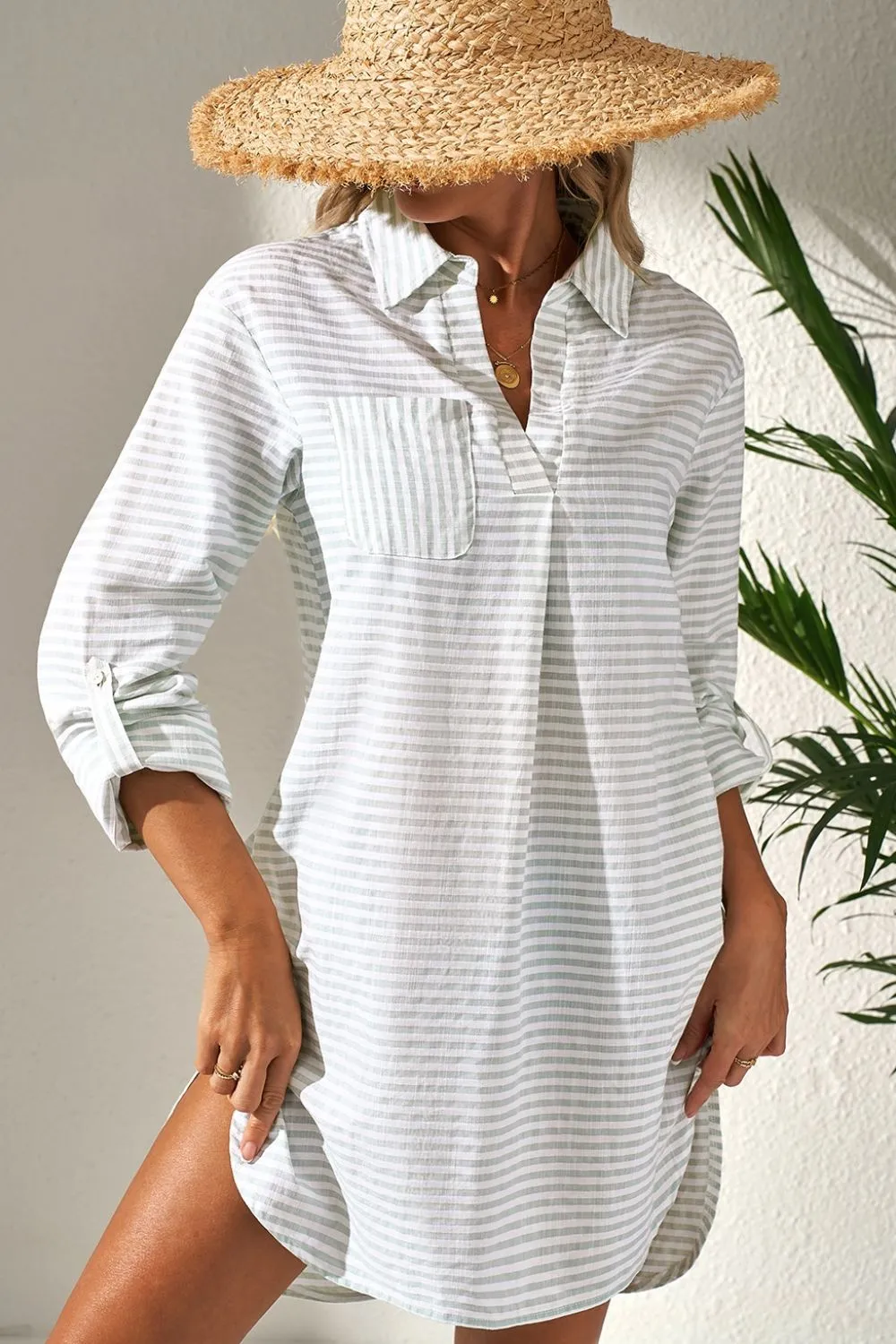 Striped Johnny Collar Long Sleeve Mini Shirt Dress sold by Charming Charlie product image thumbnail 4