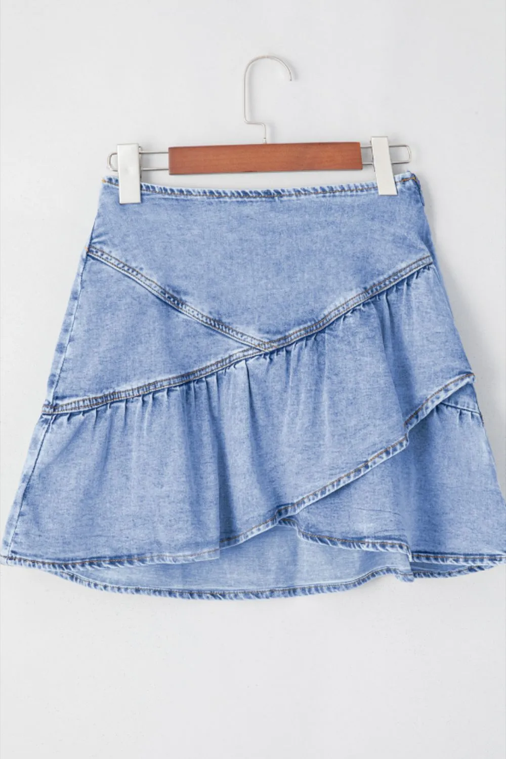 Asymmetric Ruffle Overlay Denim Mini Skirt sold by Charming Charlie product image thumbnail 3