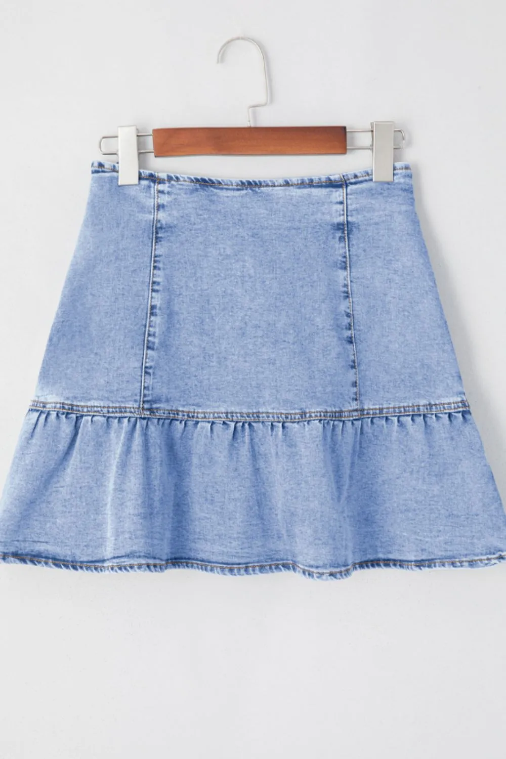 Asymmetric Ruffle Overlay Denim Mini Skirt sold by Charming Charlie product image thumbnail 4