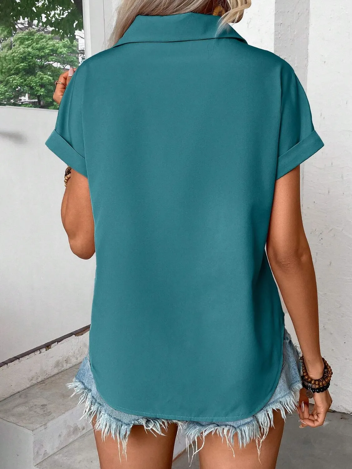 Pleated Detail Collared Neck Short Sleeve Shirt sold by Charming Charlie product image thumbnail 5