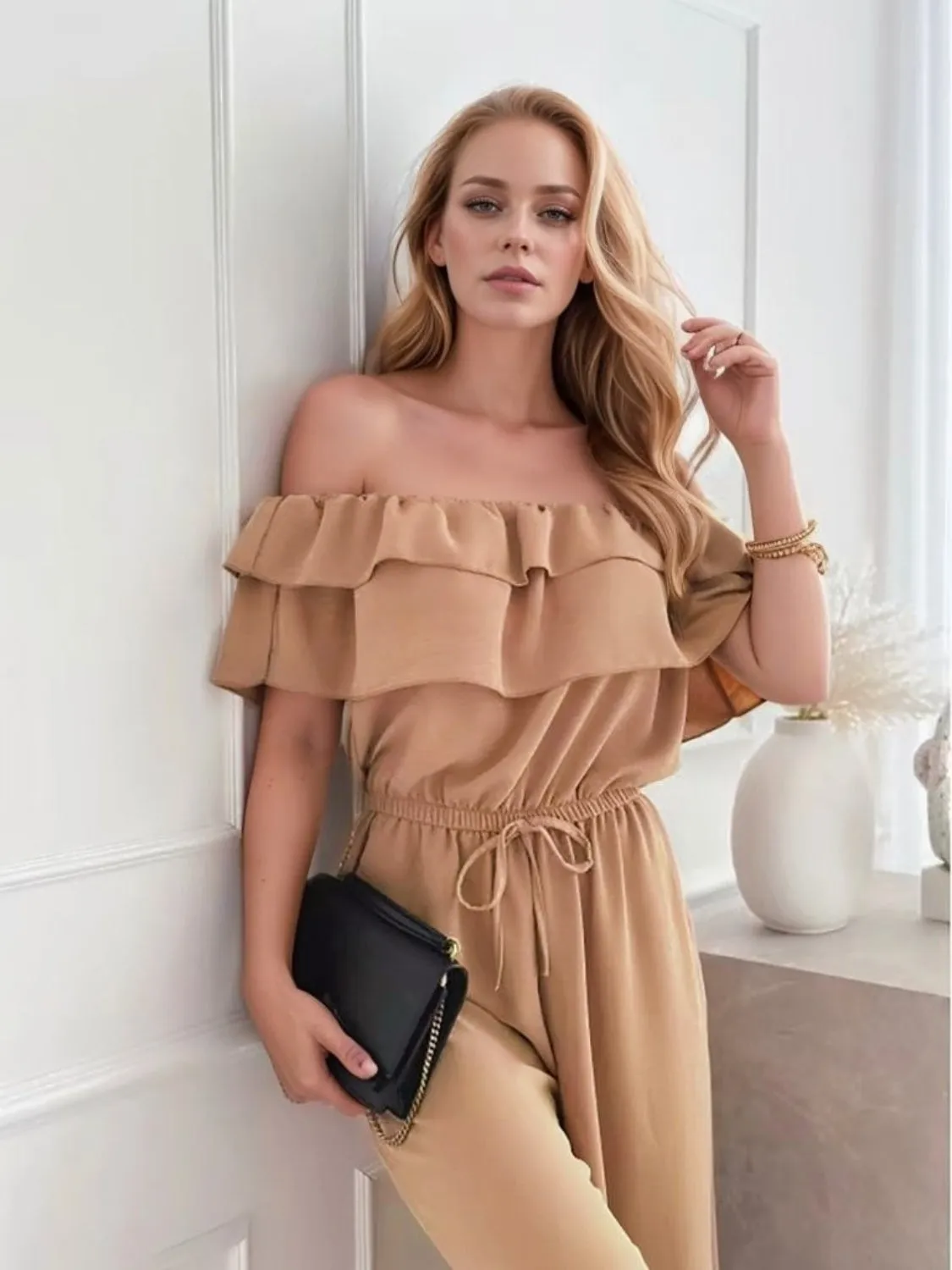 Ruffled Off-Shoulder Wide Leg Jumpsuit sold by Charming Charlie product image thumbnail 3