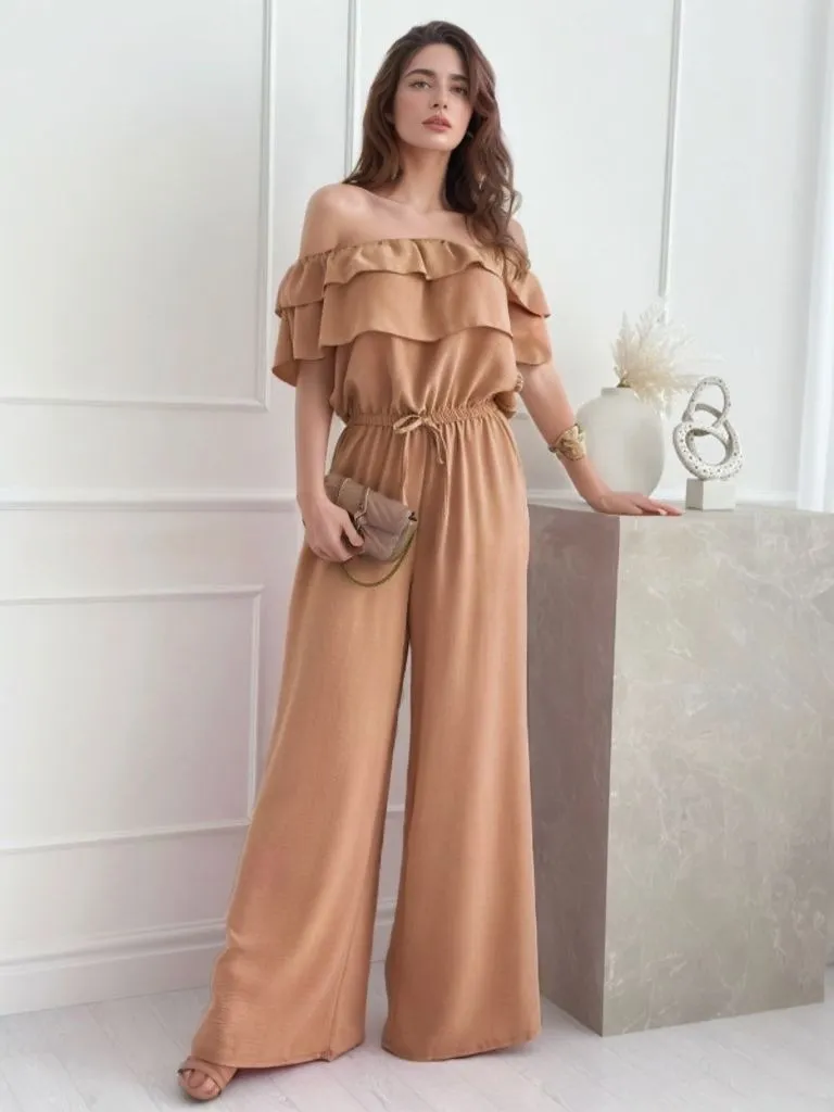 Ruffled Off-Shoulder Wide Leg Jumpsuit sold by Charming Charlie product image thumbnail 2
