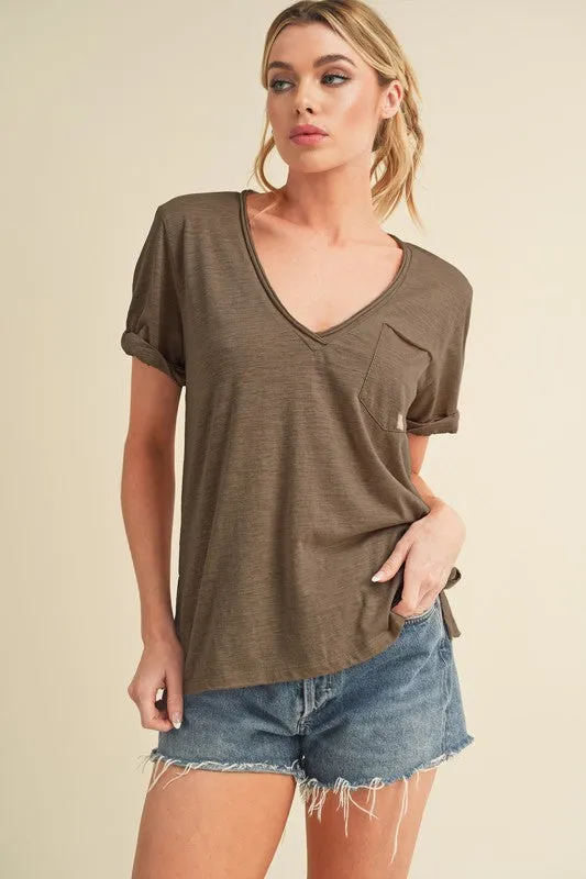 Aemi + Co Side Slit V-Neck Short Rolled Sleeve T-Shirt sold by Charming Charlie