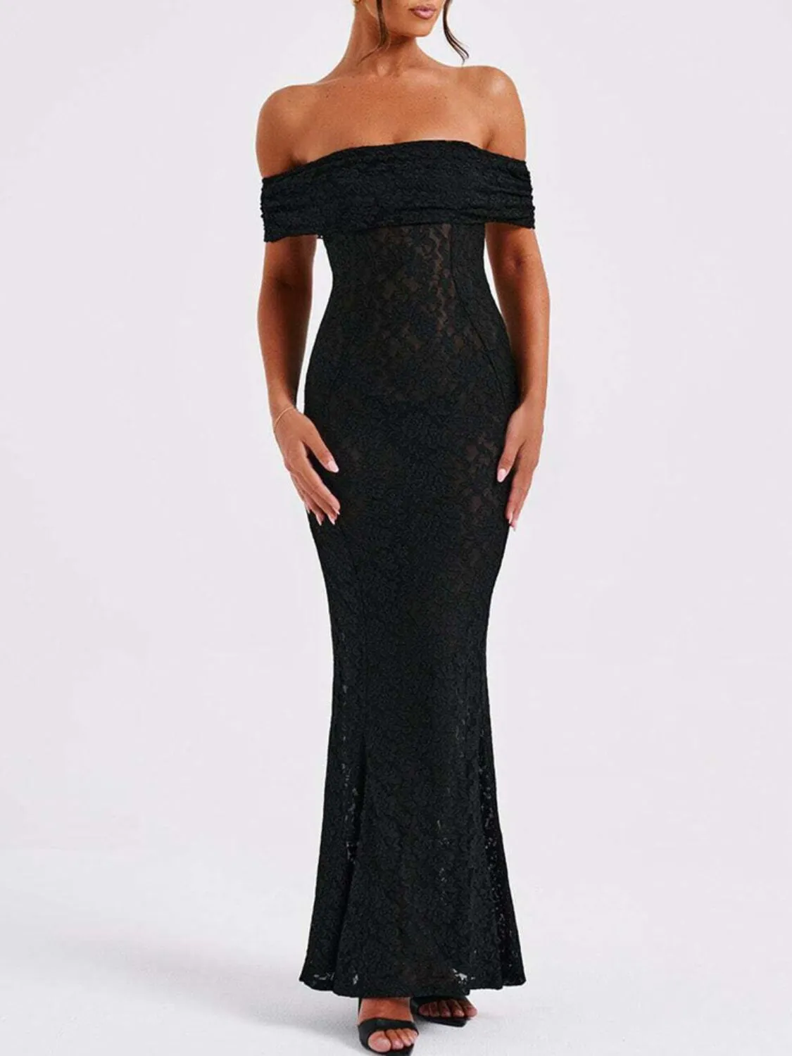 Devine Backless Lace Off-Shoulder Maxi Dress sold by Charming Charlie