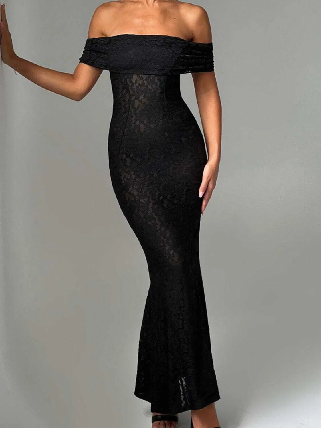 Devine Backless Lace Off-Shoulder Maxi Dress sold by Charming Charlie product image thumbnail 4