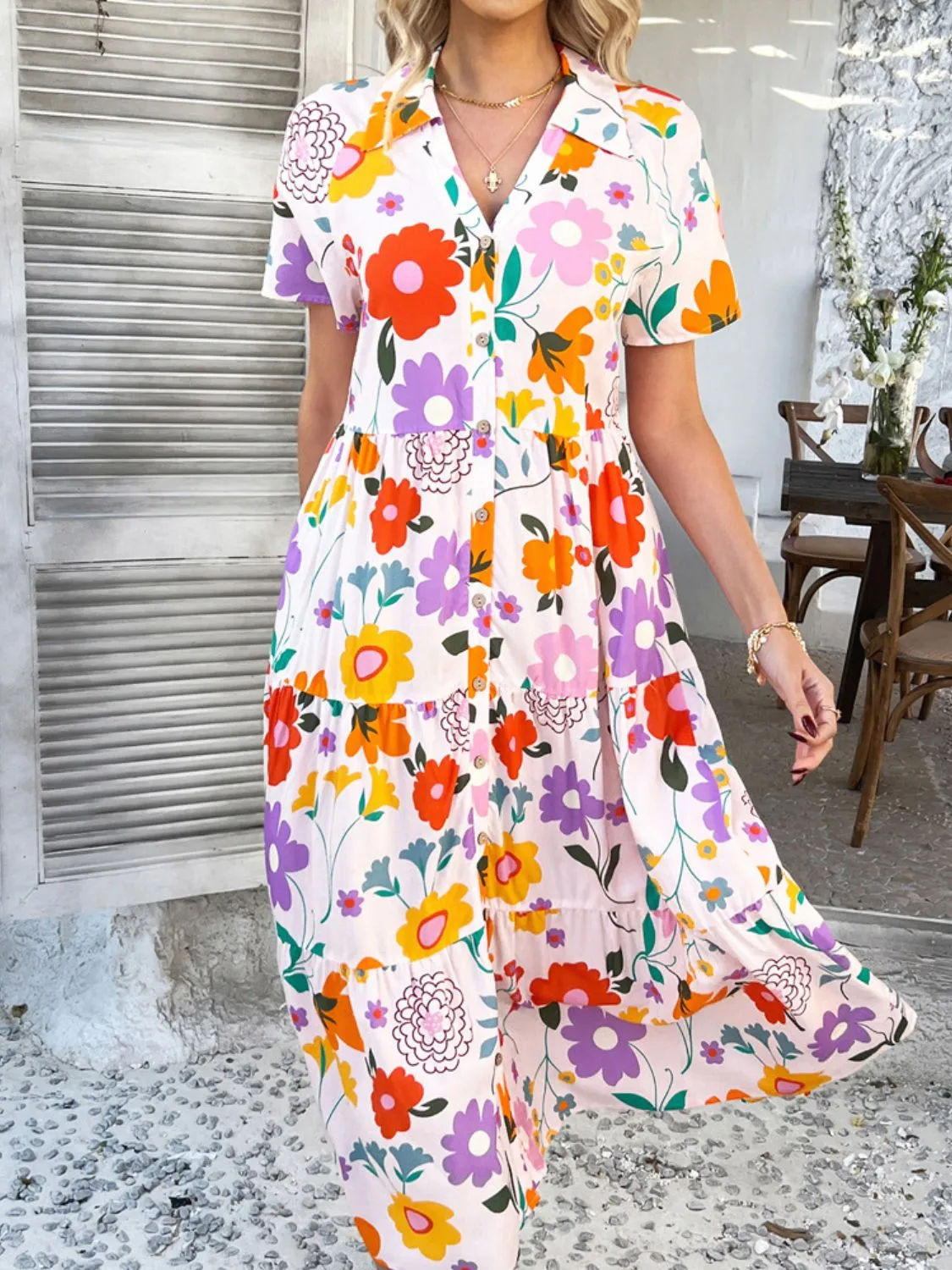 Devine Printed Johnny Collar Button Down Short Sleeve Midi Shirt Dress sold by Charming Charlie