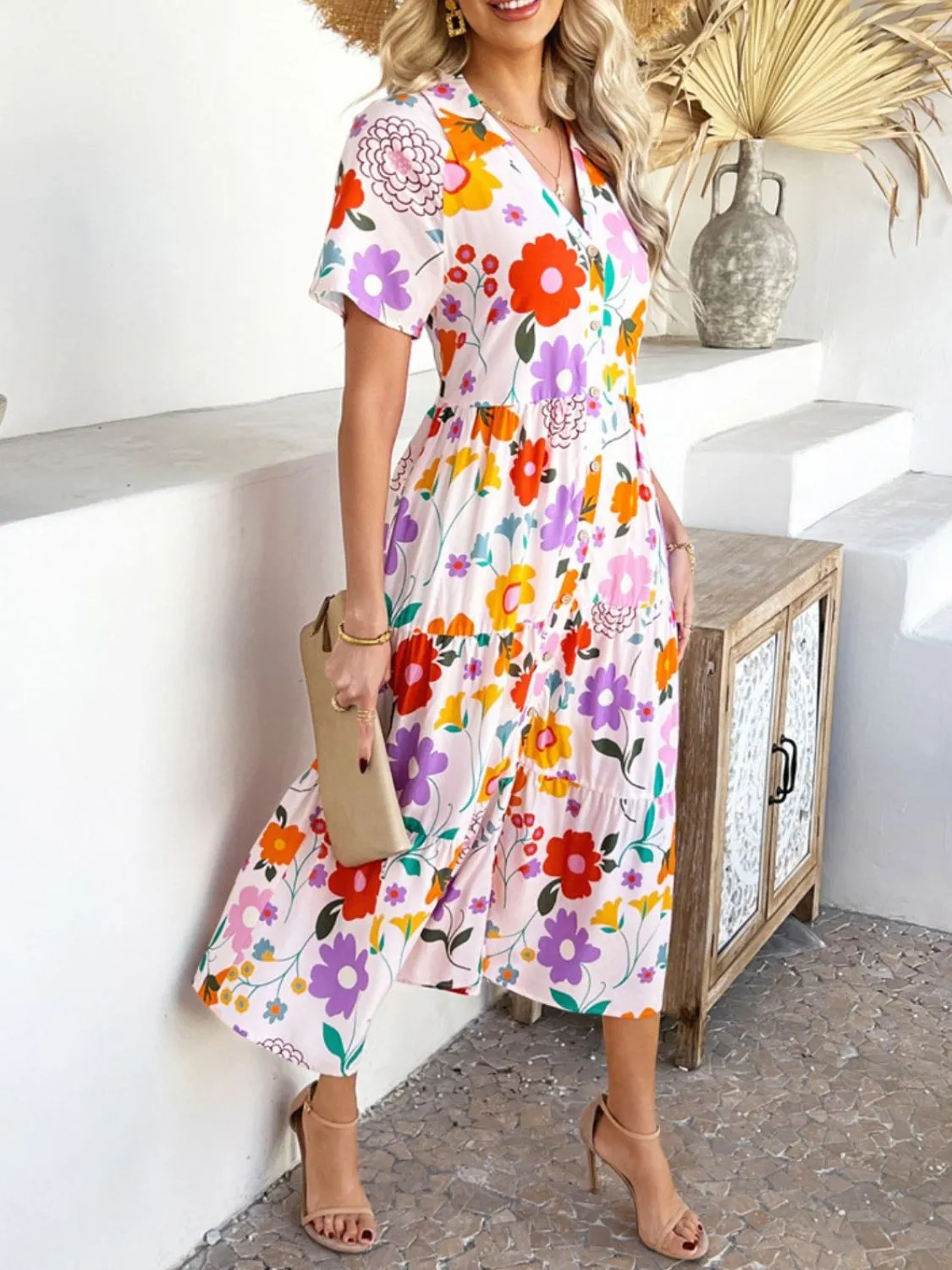Devine Printed Johnny Collar Button Down Short Sleeve Midi Shirt Dress sold by Charming Charlie product image thumbnail 3