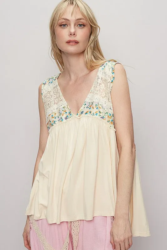POL Lace Detail Frill Floral V-Neck Sleeveless Top sold by Charming Charlie