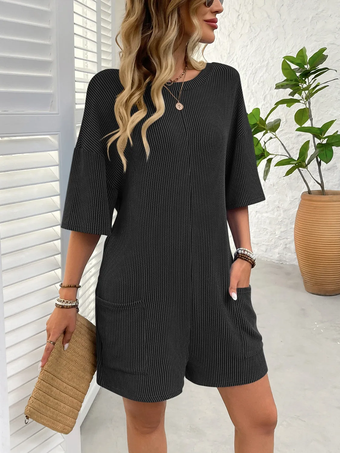 Backless Textured Round Neck Half Sleeve Romper sold by Charming Charlie product image thumbnail 3