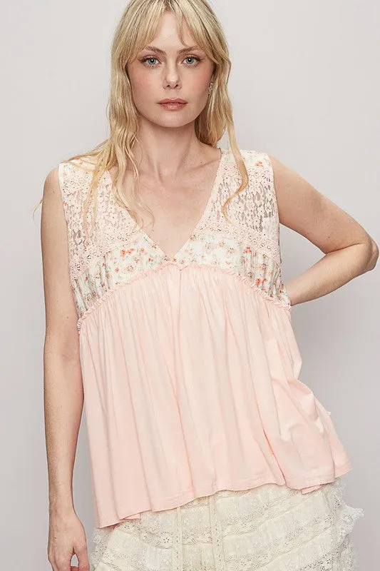 POL Lace Detail Frill Floral V-Neck Sleeveless Top sold by Charming Charlie