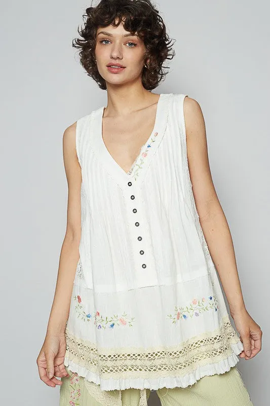 POL Embroidered Lace Detail V-Neck Sleeveless Top sold by Charming Charlie
