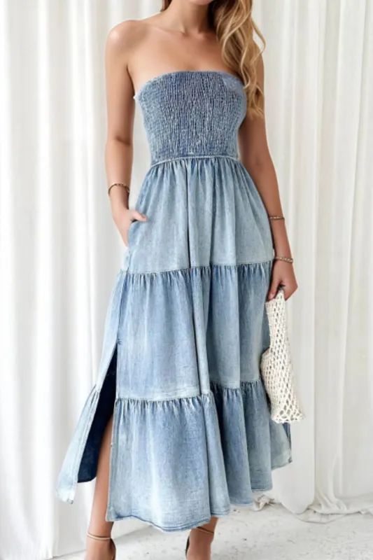 Smocked Tube Slit Tiered Denim Dress sold by Charming Charlie