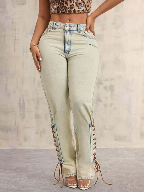 Lace-Up High Rise Jeans sold by Charming Charlie