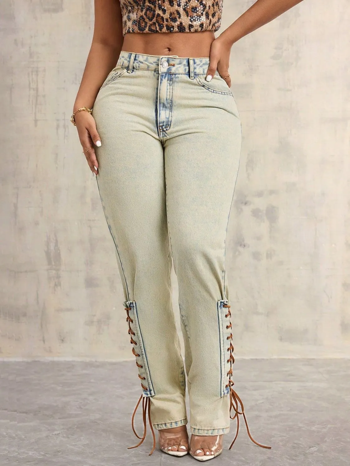 Lace-Up High Rise Jeans sold by Charming Charlie