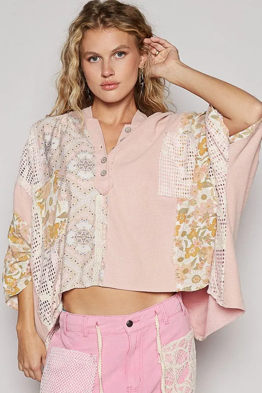 POL Crochet Patch Lace Detail Button Detail Floral Hooded Top sold by Charming Charlie