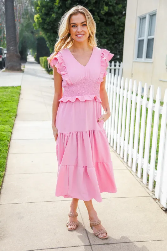 Hello Beautiful Pink Double Flutter Sleeve Smocked Waist Maxi Dress sold by Charming Charlie