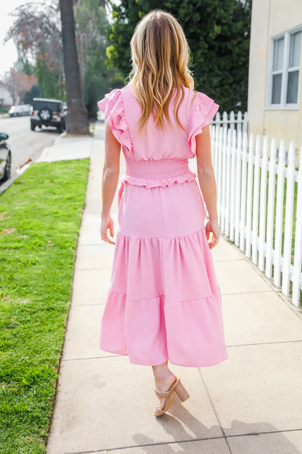 Hello Beautiful Pink Double Flutter Sleeve Smocked Waist Maxi Dress sold by Charming Charlie product image thumbnail 5