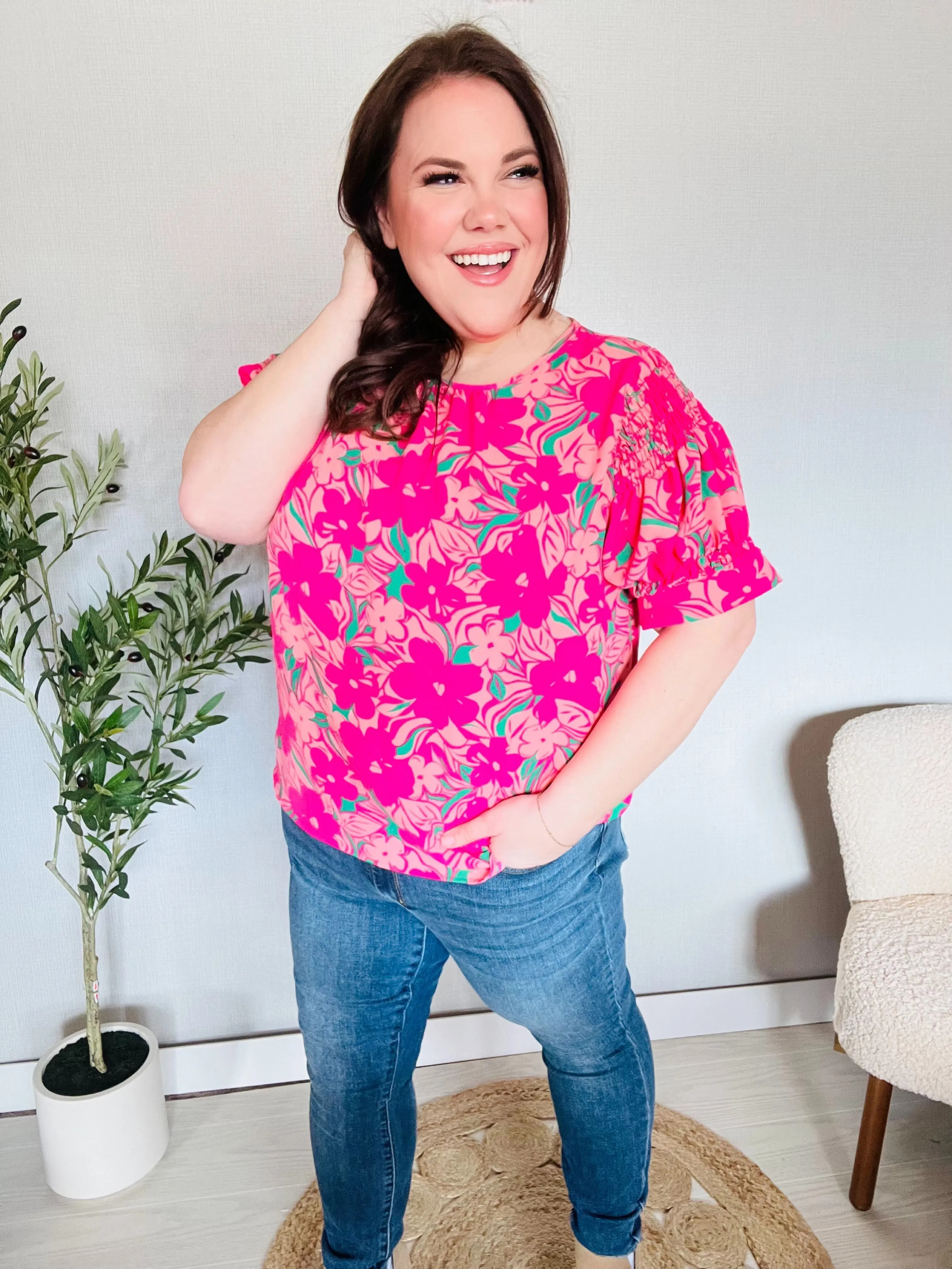 Vacay Vibes Floral Back Keyhole Short Smocked Banded Sleeve Top sold by Charming Charlie product image thumbnail 2