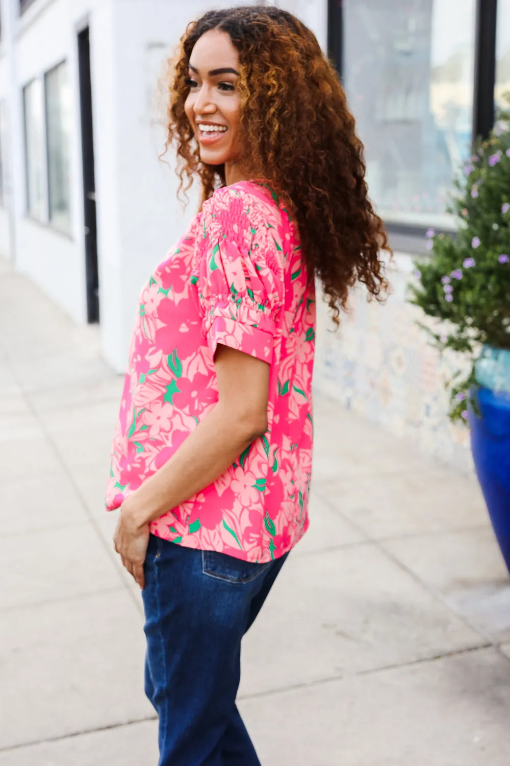 Vacay Vibes Floral Back Keyhole Short Smocked Banded Sleeve Top sold by Charming Charlie product image thumbnail 5
