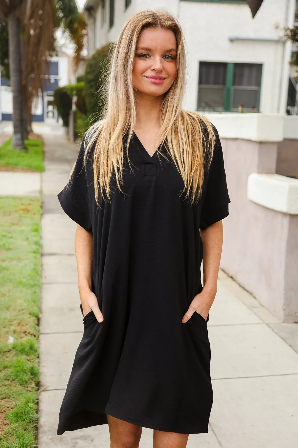Casual Chic Black Woven Notched V Neck Dolman Sleeve Frock sold by Charming Charlie
