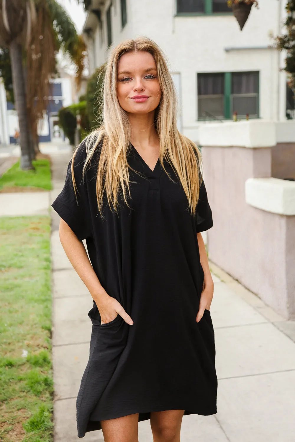 Casual Chic Black Woven Notched V Neck Dolman Sleeve Frock sold by Charming Charlie product image thumbnail 3