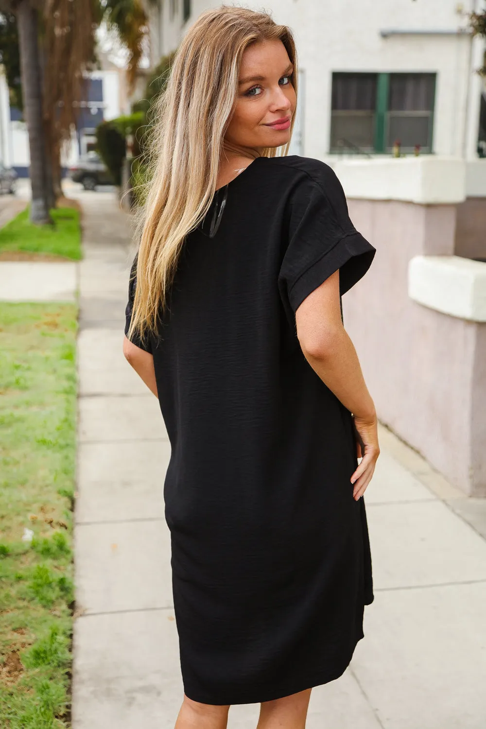 Casual Chic Black Woven Notched V Neck Dolman Sleeve Frock sold by Charming Charlie product image thumbnail 2