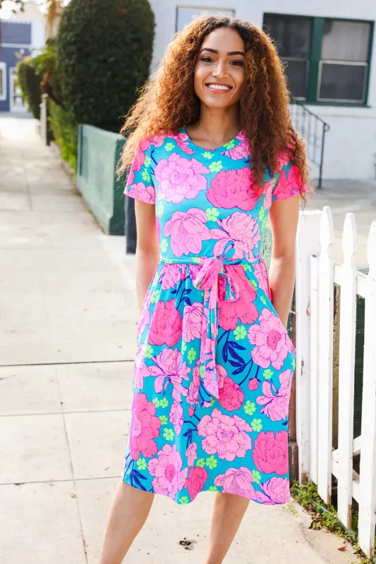 Sunny Days Teal & Fuchsia Big Floral Short Sleeve Dress sold by Charming Charlie