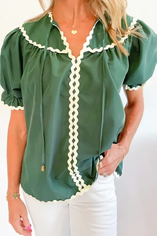 Ric Rac Trim Tie Neck Short Sleeve Blouse sold by Charming Charlie